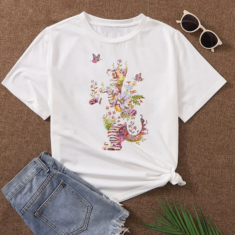 

Women Watercolor 90s Fashion Cartoon Cats Print Female Ladies Clothes Ropa Mujer Tshirt Short Sleeve O-neck Graphic T-Shirt