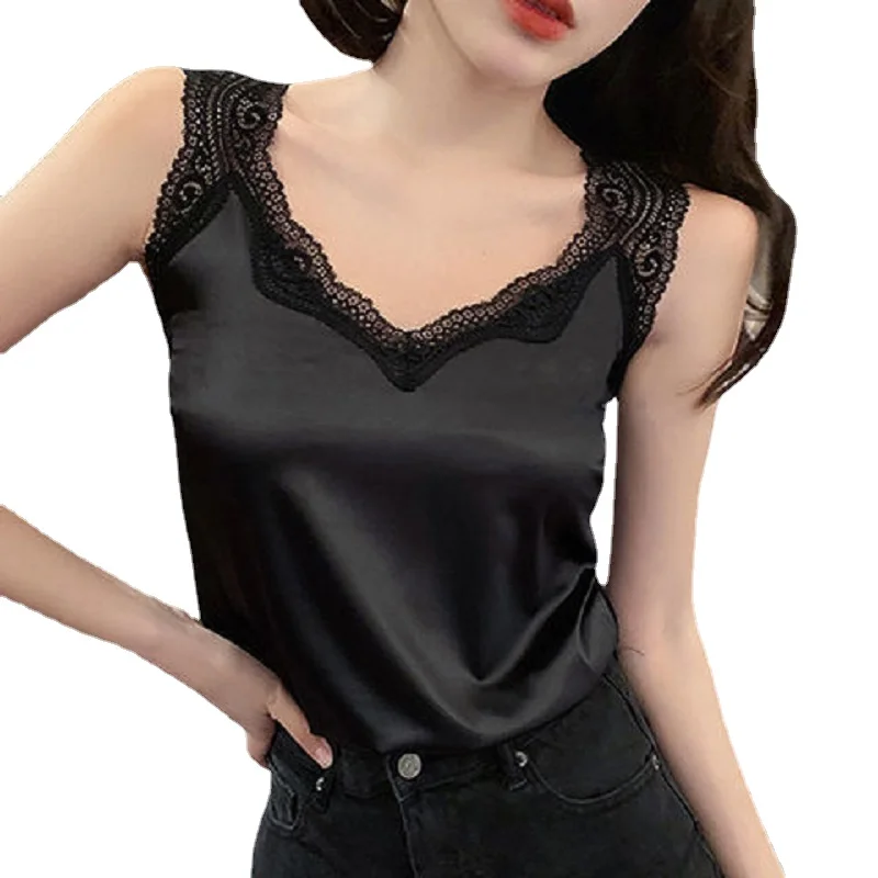 

2022 Sexy Backless Lace Tank Tops Women Faux Silk Sleeveless V Neck Womens Camisole Halte Tank Top Feminino Slim Summer Clothes