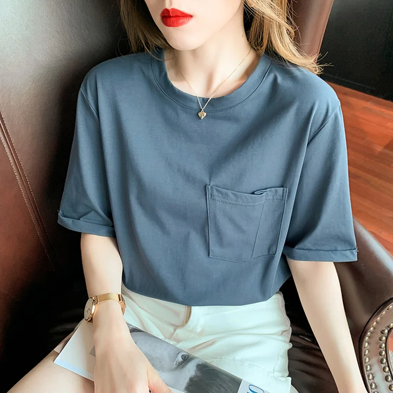 

Футболка женская хлопковая свободного покроя, однотонный пикантный топ с круглым вырезом и коротким рукавом, модная повседневная одежда в ...