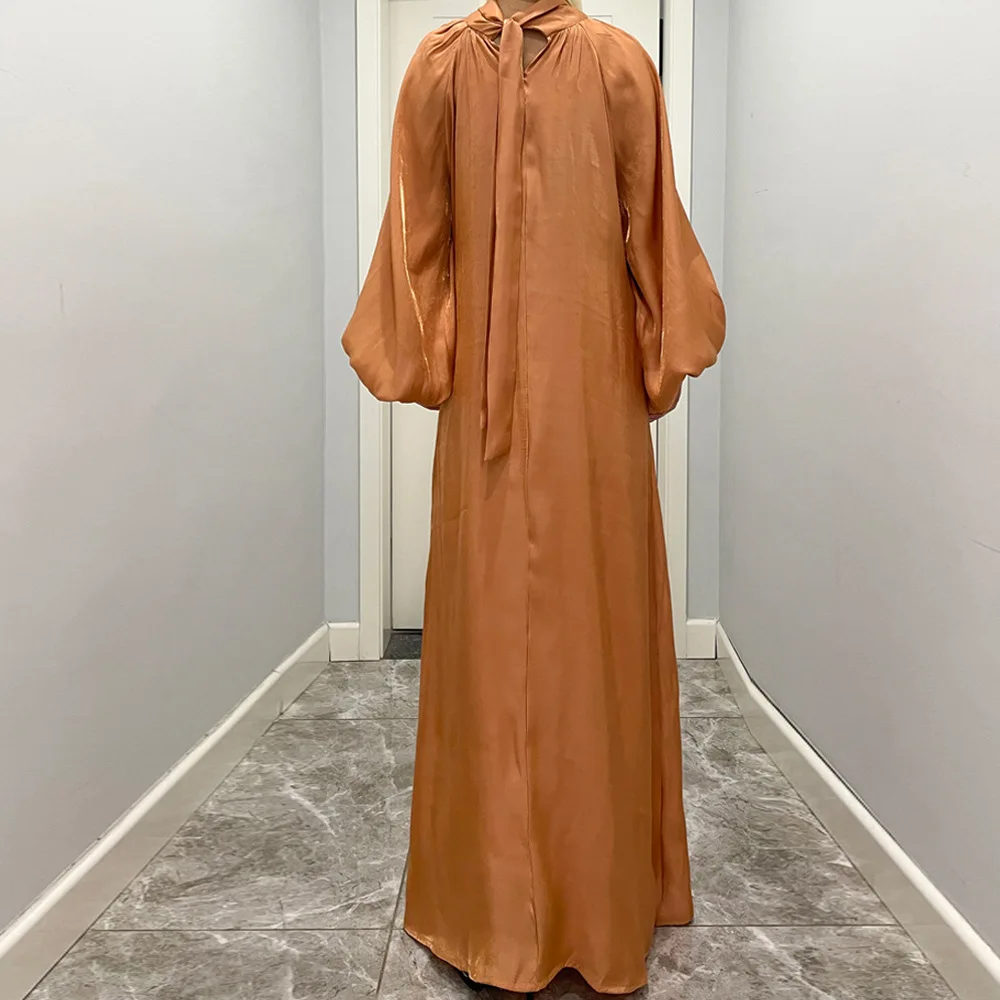 Women Abaya High Quality Modest Maxi Dress Lantern Sleeve Silk Islamic Clothing Robe Glitter Satin Dubai Turkey Kaftan