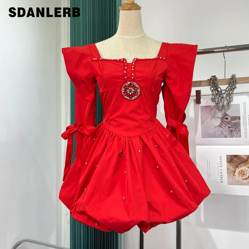 

2022 Spring New Off-Shoulder Tulle Tutu Dress Women's Temperamental Long Sleeve High Waist Dress Midi Elegant Fashion Dress