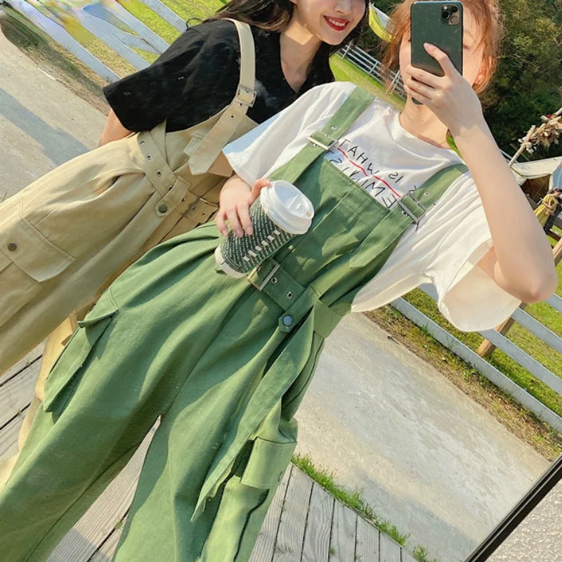 Jumpsuits Women Sashes Green Loose Suspender Straight Chic Oversize Overalls Cute Girls Korean Style Holiday Slim Leisure Trendy