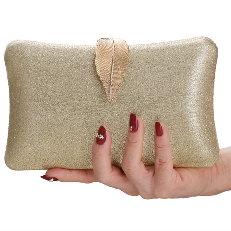 

Women's Clutch Bag Shiny Purses Luxury Simple Metal Leaf Lock Design Evening Bags Female Wedding Party Chain Handbag