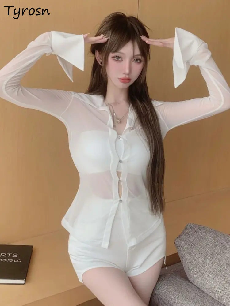 

Женские облегающие пикантные просвечивающие Простые солнцезащитные универсальные модные летние дышащие простые популярные повседневные рубашки для девушек