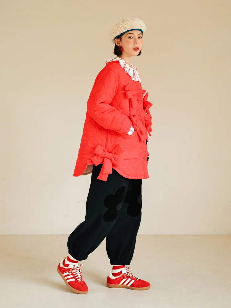 imakokoni original Japanese Yule christmas red bow cotton jacket Autumn/Winter women's tops Keep Warm Pocket 223962