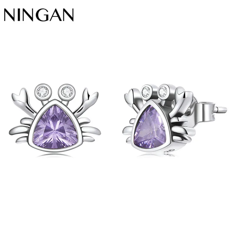 

NINGAN Women's Mini Crab Shape Earrings Purple Zircon Cute Ladies Stud Earrings for Wedding Fashion 925 Silver Jewelry
