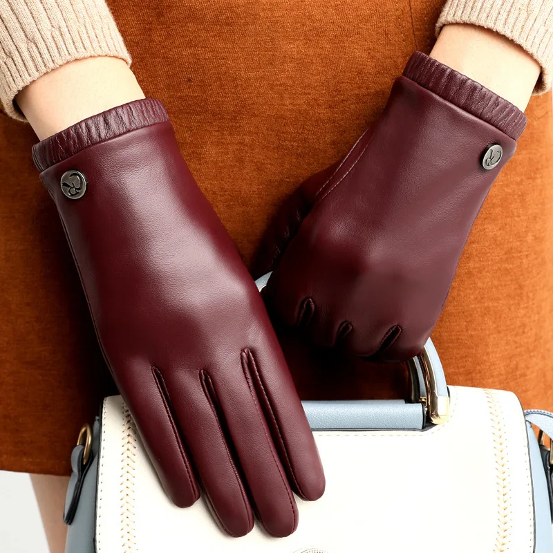 Real Leather Gloves Female Autumn Winter Thermal Touchscreen Fashion Classic Black Sheepskin Women Gloves Driving YSW0058