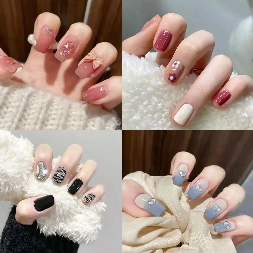 

24pcs/Box Detachable Short Round/Square Head False Nails Wearable Glitter Sequins Fake Nails Full Cover Nail Tips Press On Nails