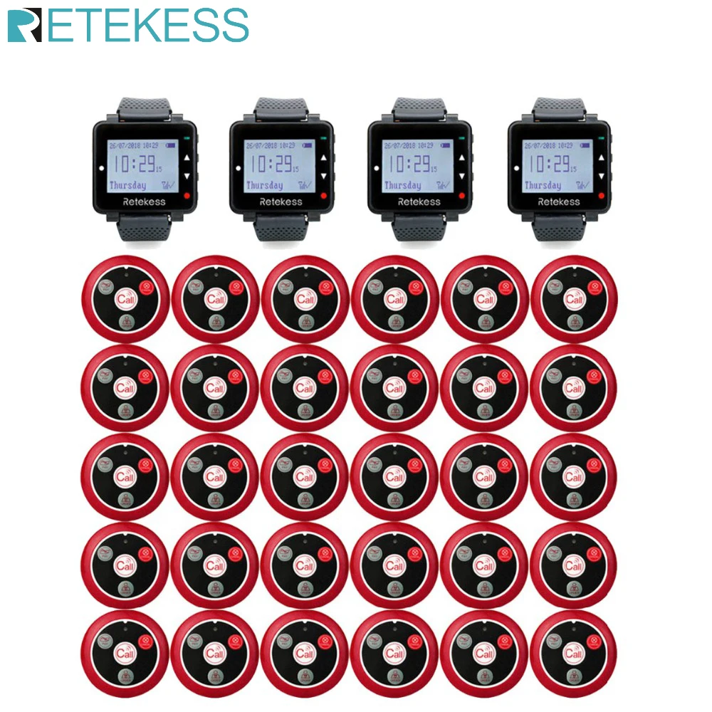 

2022 Retekess Restaurant Pager Hookah Waiter Call System 4Pc T128 Watch Receiver+30Pc T117 Call Button Customer Service Cafe
