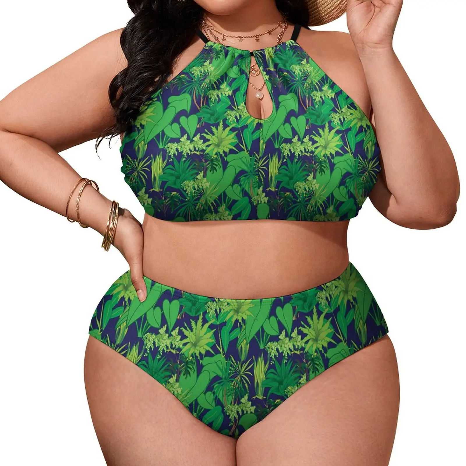 

Tropical Plants Bikini Swimsuit Green Leaves Print Swimwear Sexy Push Up Stylish Bikinis Set Sport Plus Size Swimsuits Biquini