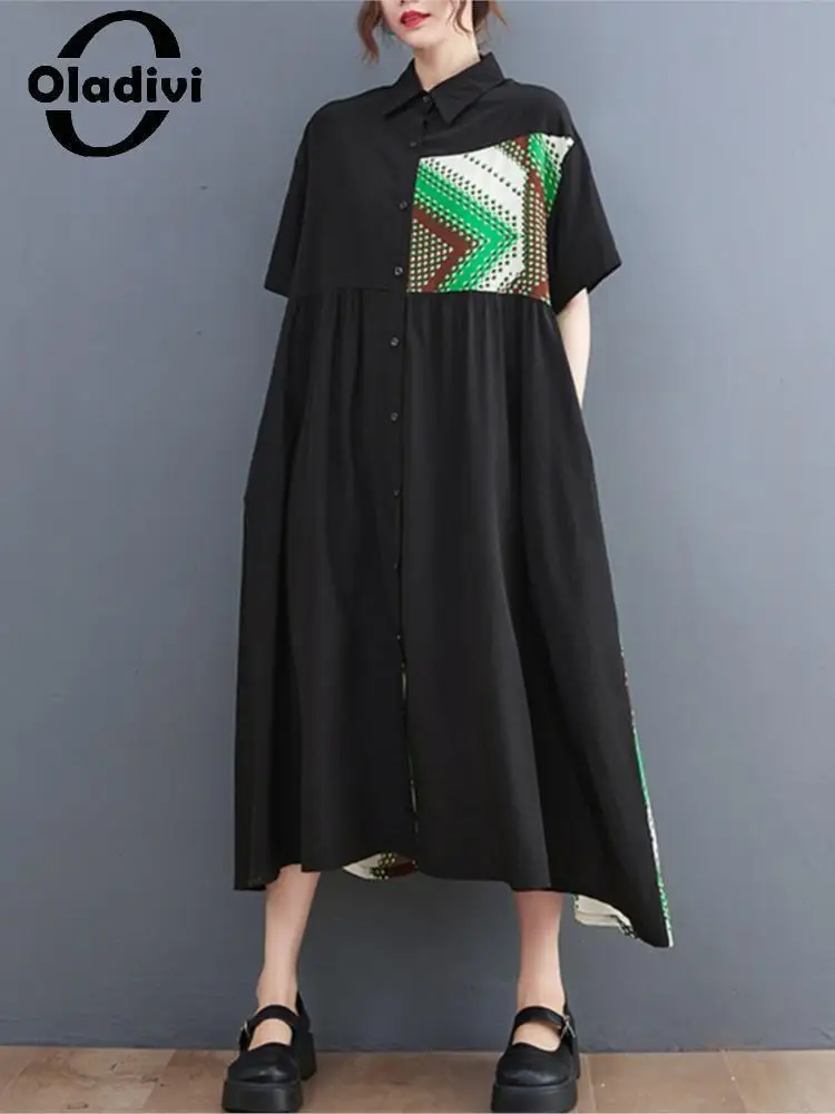 

Oladivi Oversized Dress for Women Summer 2022 New Vintage Lady Casual Loose Short Sleeve Long Dresses Female Vestidios Robe 8835