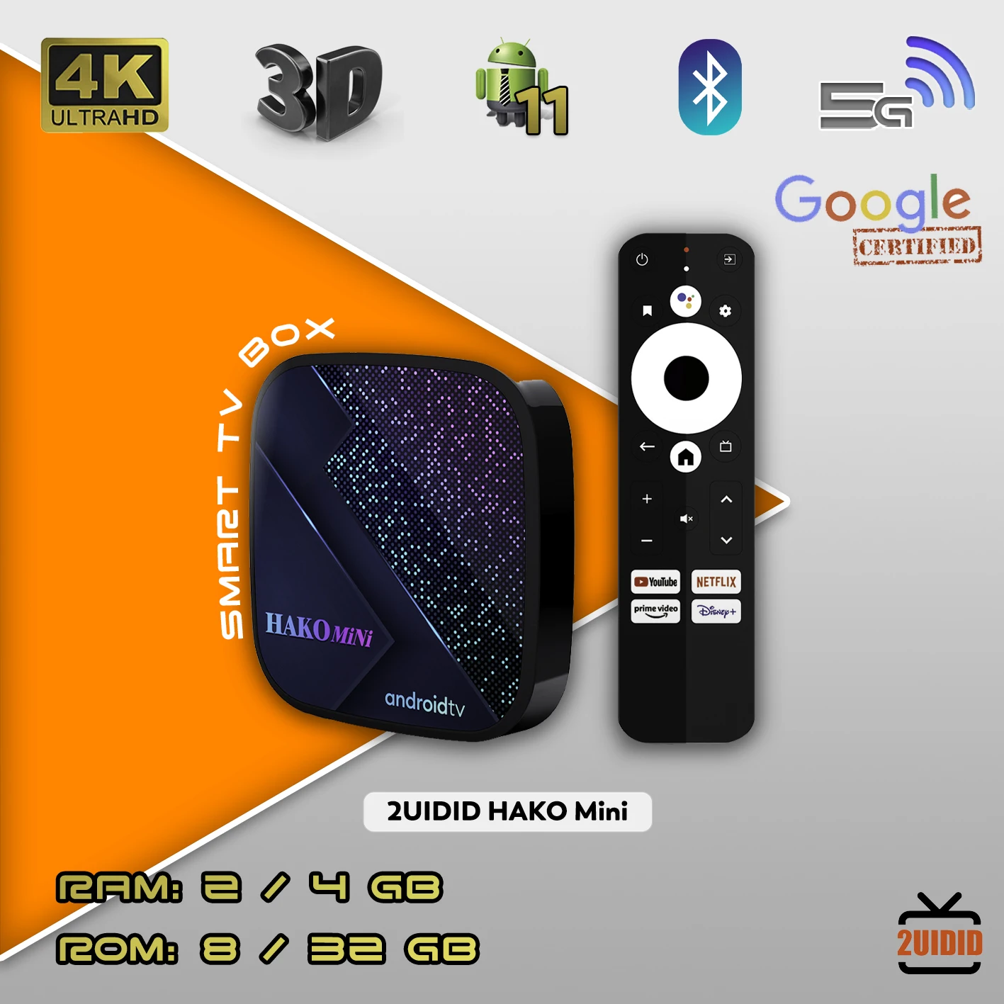 2UIDID HAKOmini Amlogic S905Y Google Certified Android 11 TV Box 2G/4GB 8G/32GB DDR4 Androidtv 11 4K Netflix Youtube Set Top