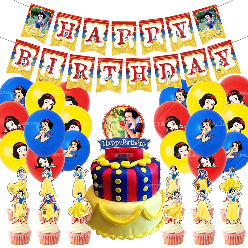 

1set/lot Snow White Princess Theme Decorations Set Cake Picks Happy Birthday Party Latex Balloons Hanging Banner Cupcake Toppers