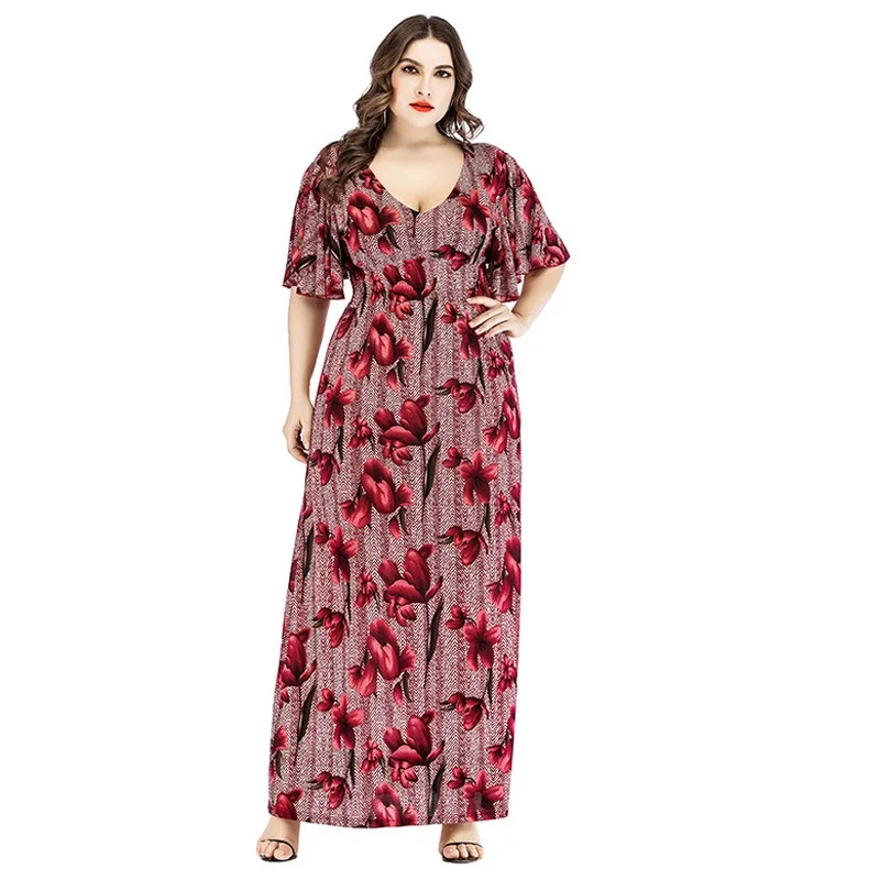 

Red/brown 2022 loose printed dresses for women 4xl 5xl 6xl Summer short sleeve v-neck elastic waist A-line maxi dress