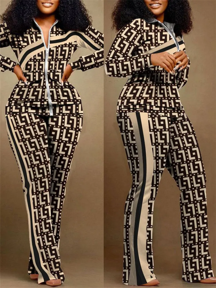 

2022 AutumnTwo Piece Sets Womens Plus Size Geometric Print Zip Up Top & Pants Set Outifits Fashion Tracksuits Casual Elegant Fem