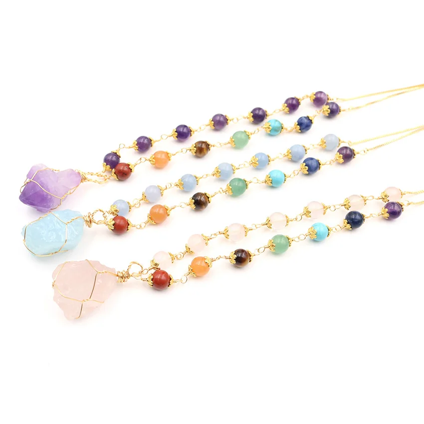 

Natural Irregular Crystal Amethyst Aquamarine Handmade Winding Pendant 7 Chakra Reiki Healing Beads Necklaces for Women Jewelry