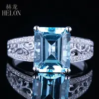 HELON Solid 10k 14K White Gold Emerald Cut 10x8mm Genuine Sky Blue Topaz Diamond Engagement Ring Women Fine Jewelry Best Gift