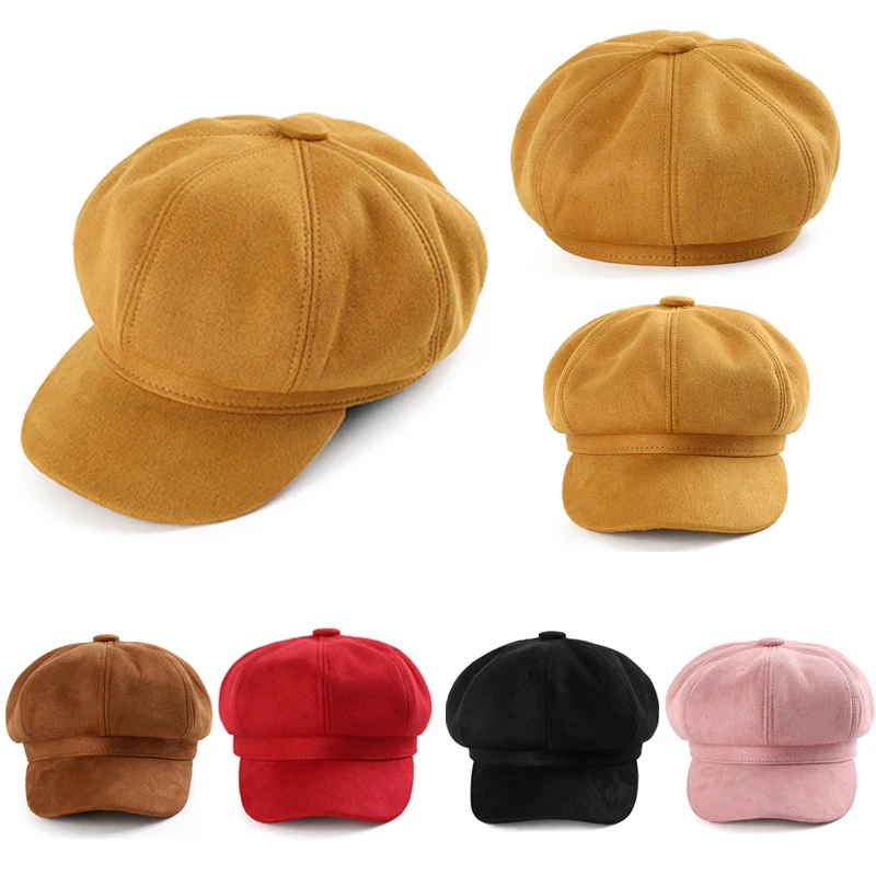 

Women Warm Solid Berets Adjustable Girl Warm Casual Thick Hat Artist Painter Cap Cool Street Brim Cap Vintage Plaid Military Hat
