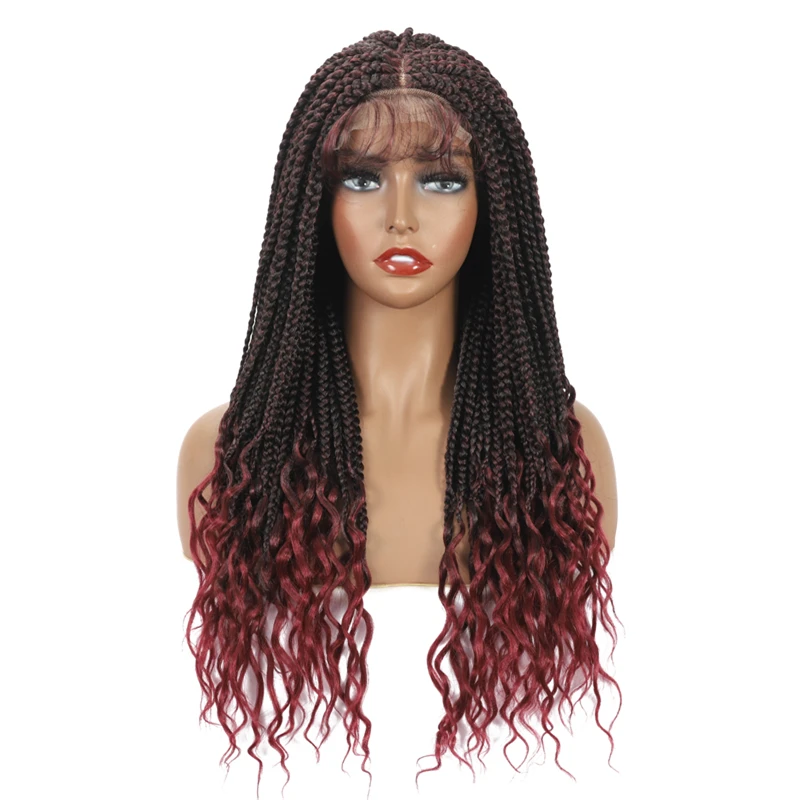 Synthetic Braided Lace Front Wigs 20 Inch Ombre Red Box Braids Lace Women's Wig Black Brown 4x4 Lace Wig with Wavy Ends Cosplays