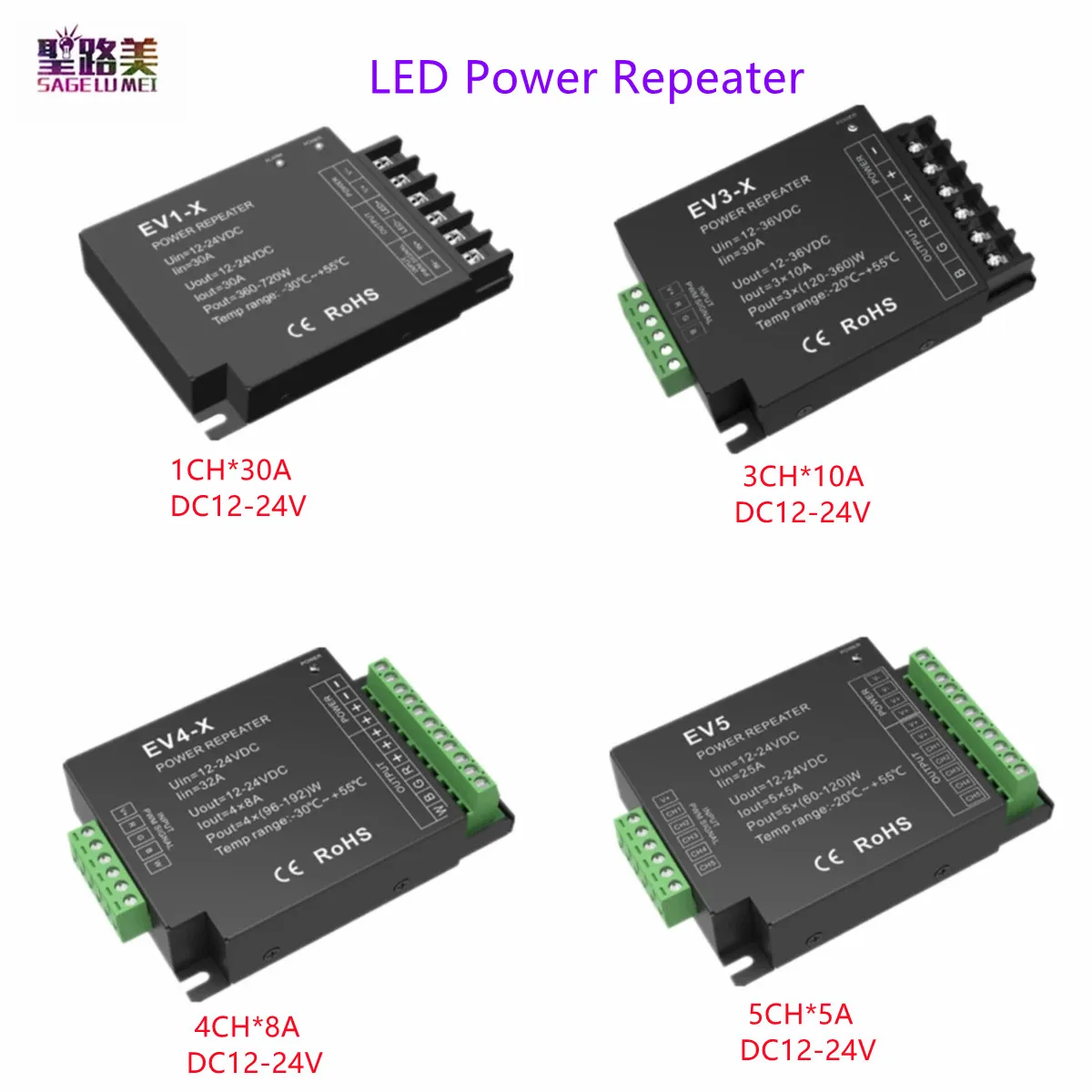 

DC12V-24V 1CH/2CH/3CH/4CH/5CH Channels CV Amplifier Power PWM Repeater For Single Dual Color RGB RGB+CCT LED Strip Lights Tape