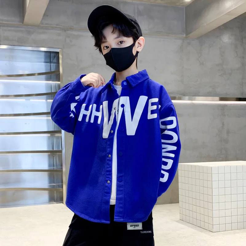 

Boys Clothing Autumn New Kids Long Sleeve Cardigan Jacket Turn-down Collar Shirts Tops with Letter Pattern Boys Casual Clothing