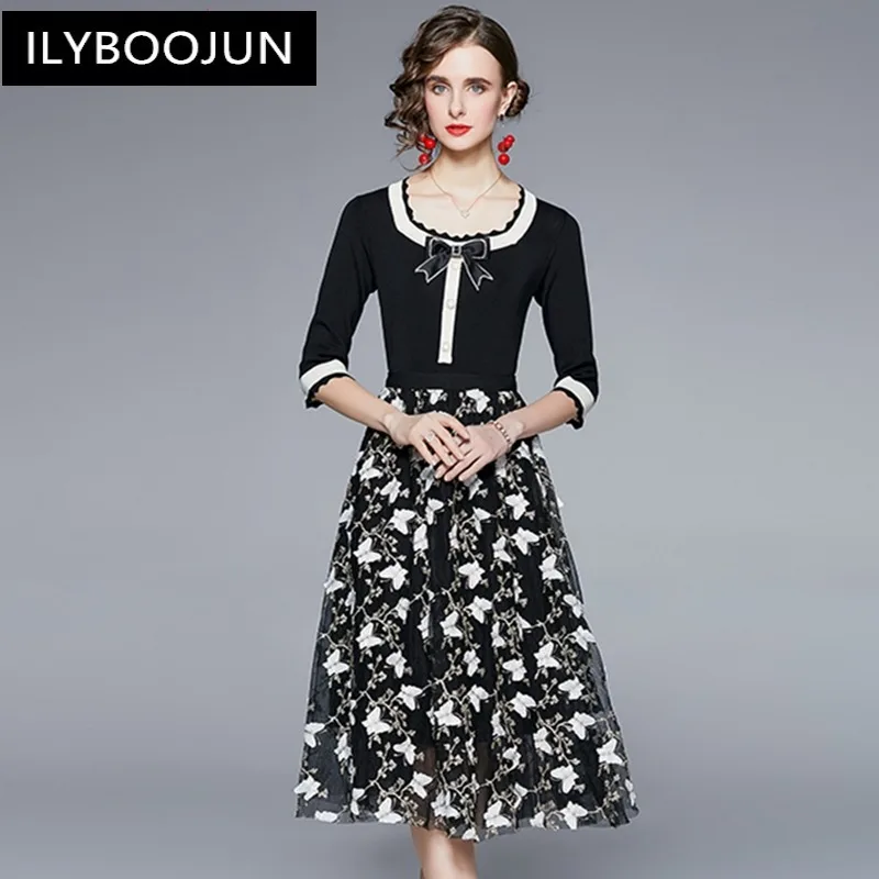 

Women Spring Elegant Embroidery Dress Suit Set High Quality Cocktail Party Robe Femme Vintage Designer Mesh Vestidos