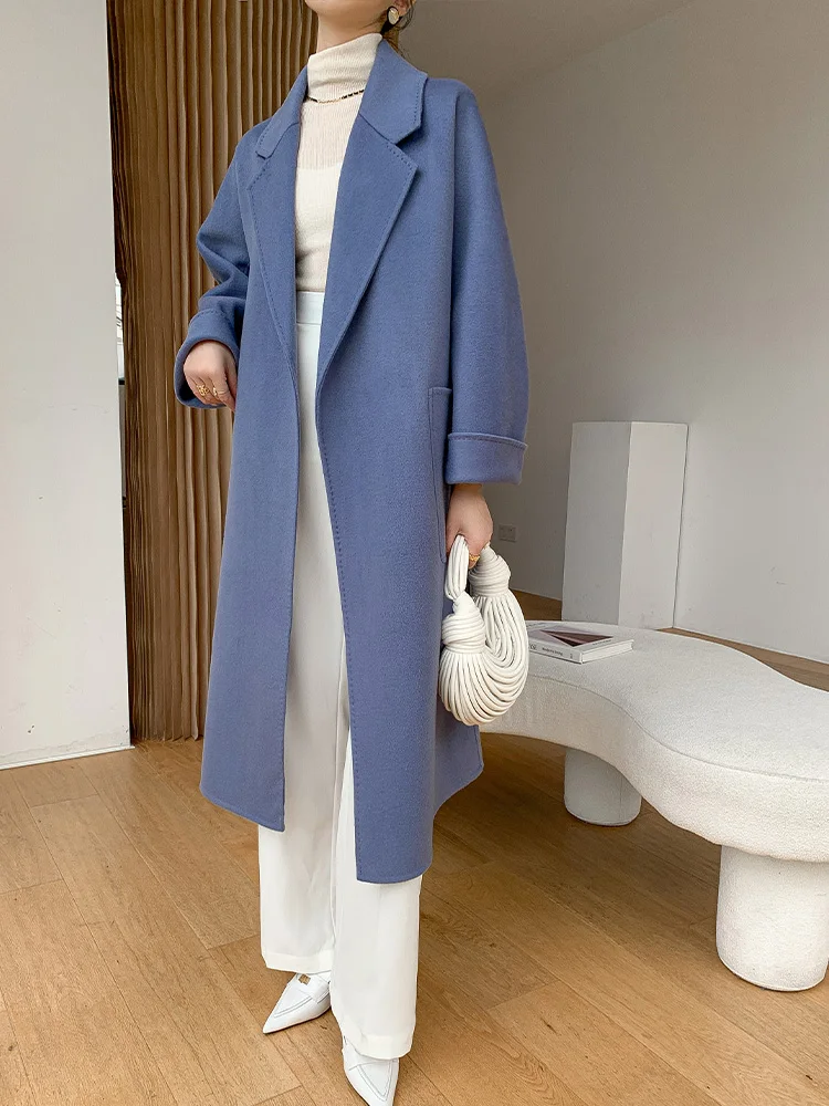 Женское шерстяное пальто красное из 100%-ной шерсти с большими карманами на талии