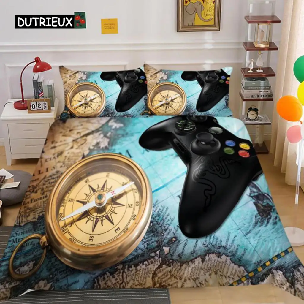 King Microfiber Gamer Video Games Twin Comforter Cover For Kids Boy Compass Nautical Pattern Quilt Cover