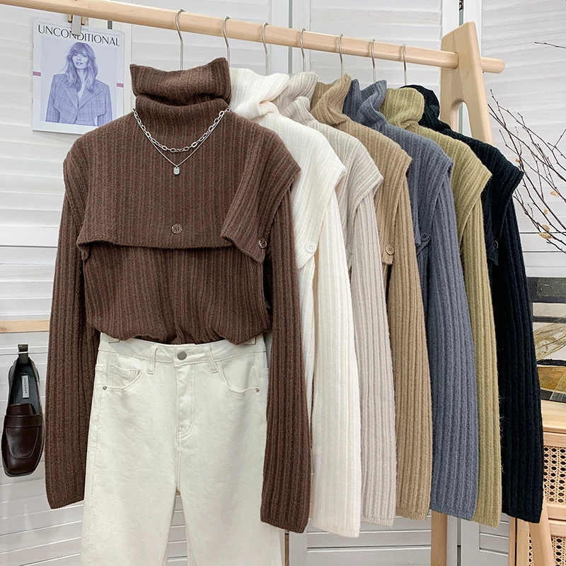 

Теплый свитер с высоким воротником, мягкий толстый вязаный пуловер, эластичный джемпер из двух предметов, женские модные однотонные топы, ...