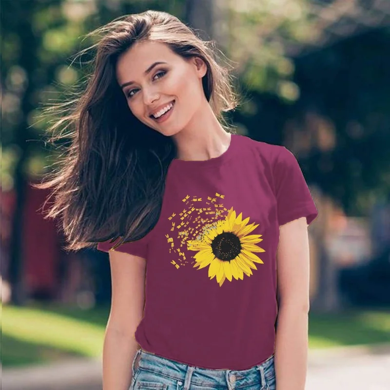 

New Women plus Size T-shirt Couple Short Sleeve Fashion 3D Printed All-Matching round Neck Short Sleeve Sunflower T-shirt Simple