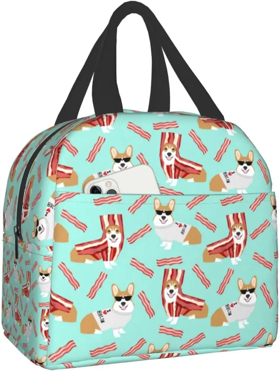 

Corgis Funny Bacon Food Art Dogs Lunch Bag Waterproof Insulated Reusable Meal Bag Lunch Box Food Drinks Container School Picnic