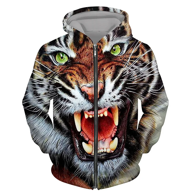 Sweat à Capuche Imprimé en 3D pour Homme et Femme Survêtement avec Fermeture Éclair Animaux Tigres PVD
