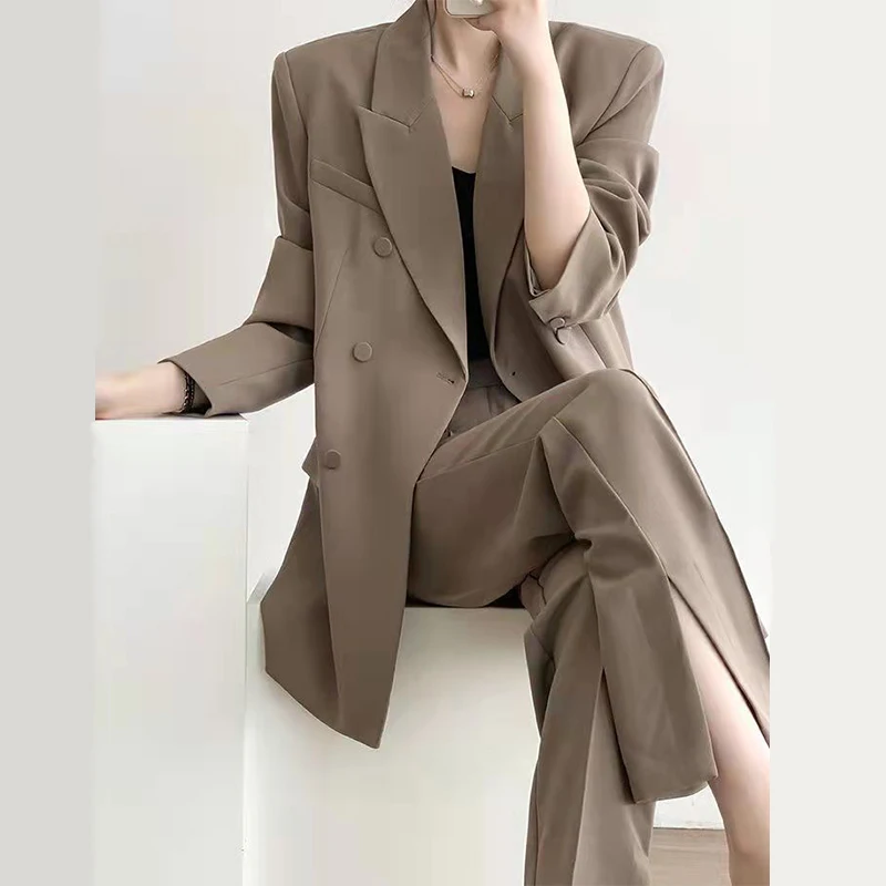 

Женский офисный костюм из 2 предметов, свободный пиджак цвета хаки с длинным рукавом и прямые брюки, весна-осень