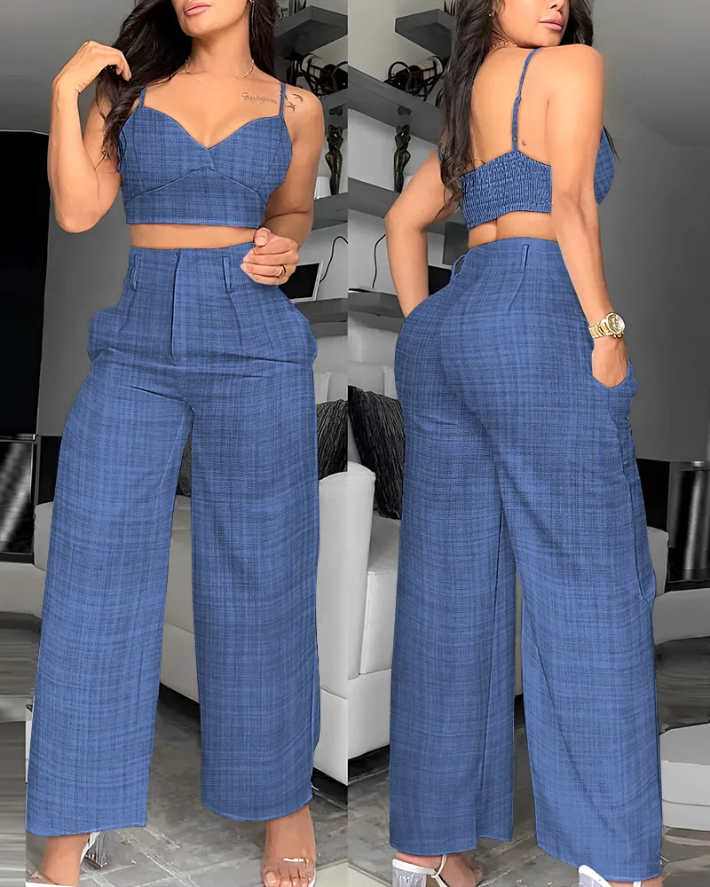 

Fashion Two Piece Outfits Women Spaghetti Strap Crop Top & Elegant Wide Leg High Waist Pants Set Clothes Summer Women's Suits
