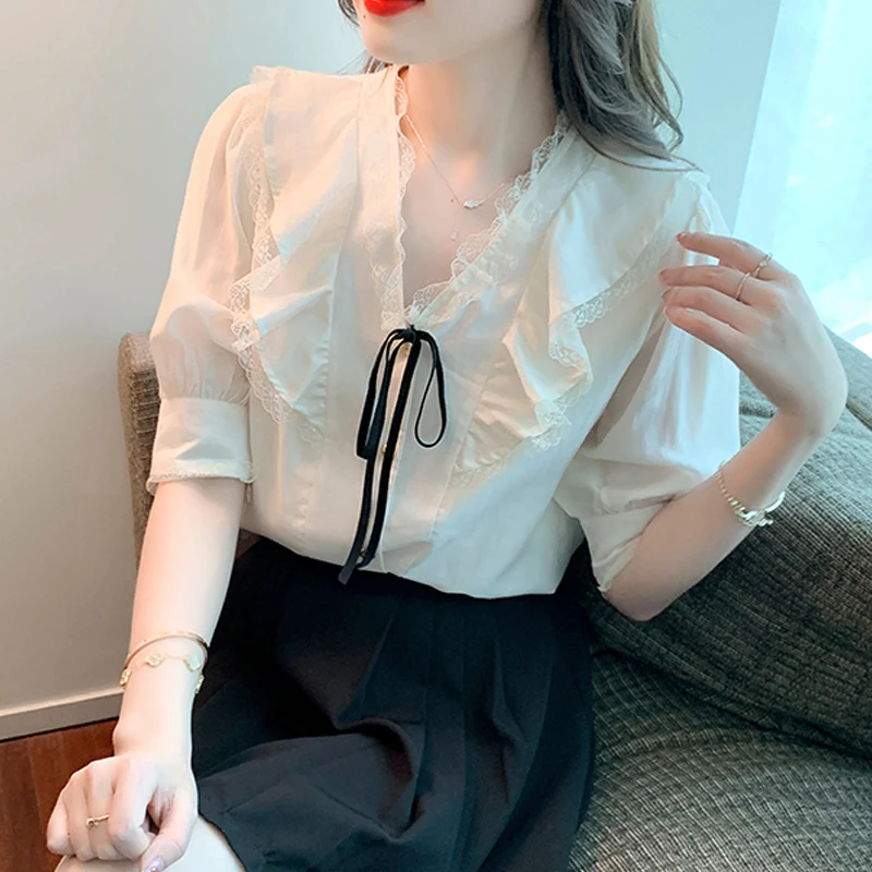 

Casual Solid White Clothes Cute Tops Spring French Puff Sleeve Lace Blouse Women Sweet Chiffon V-neck Shirt Chemise Femme 24582