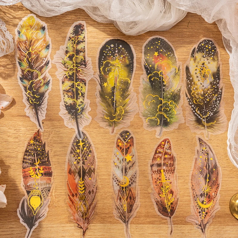

10Sheets Colorful Feathers Stickers PET Brozing DIY Phone Bottle Deco Scrapbooking Collage Cards Junk Journal Background