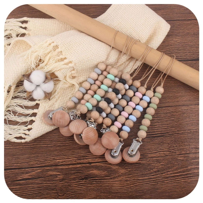 

Handmade Baby Beech Wooden Beads Pacifier Chain Clip Newborn Nipple Dummy Holder Teething Soother Molar Toys Holder Chain Infant