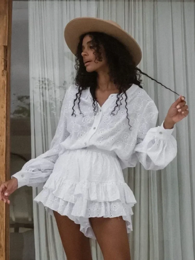 Летний женский повседневный комплект белые однобортные рубашки с круглым