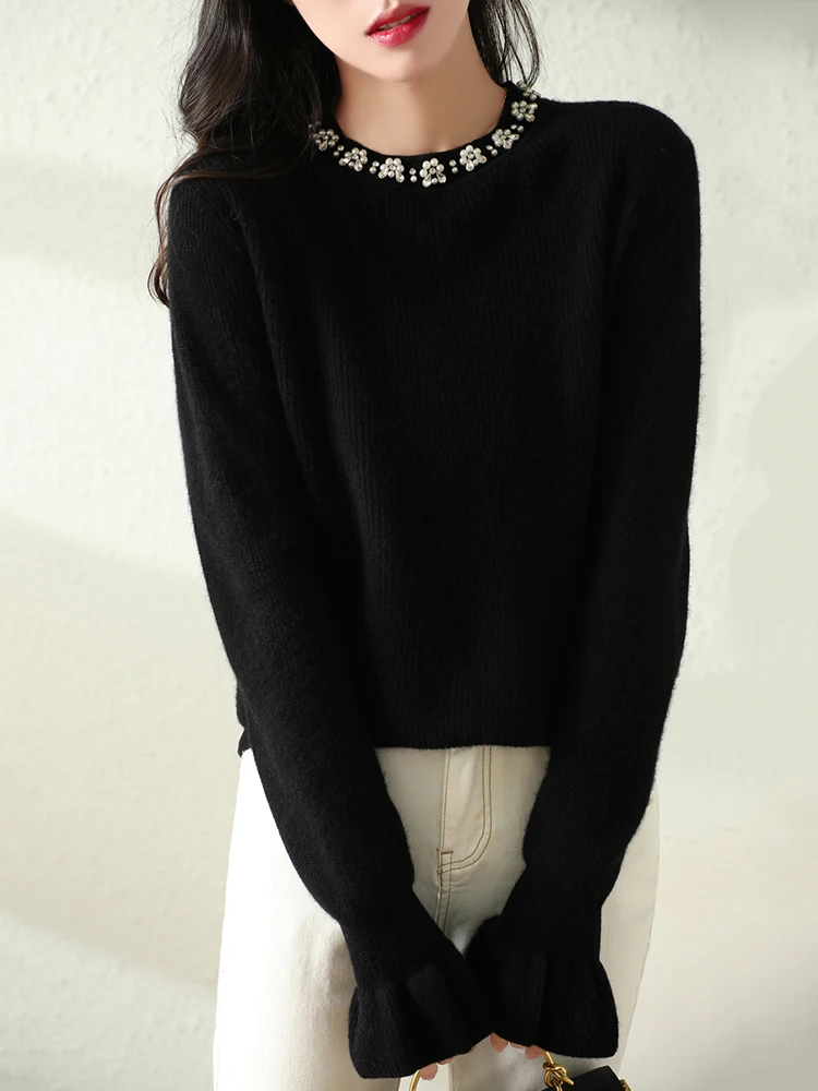 

Женский Зимний пуловер с бусинами, круглым вырезом и искусственным жемчугом