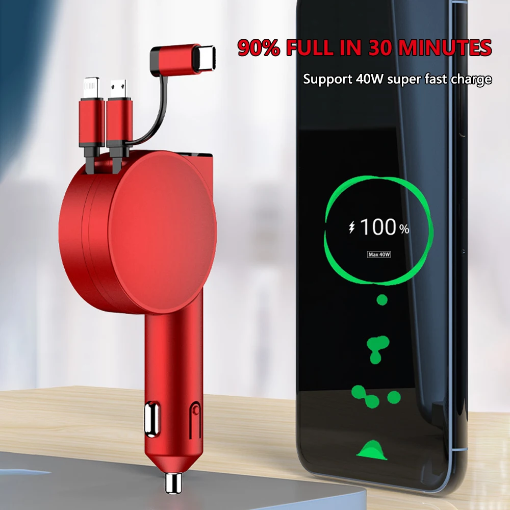 

3-in-1 Retractable Fast Charging Car Adapter Car Charger QC4.0+PD Fast Charge Type-C Phones