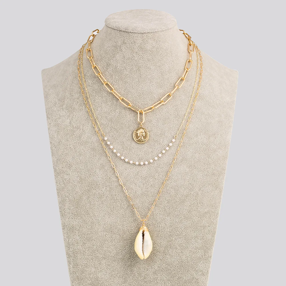 

Wholesale Fashion New Summer Popular Necklace Natural Shell Pearl Vintage Roman Queen Avatar Multi-Layer