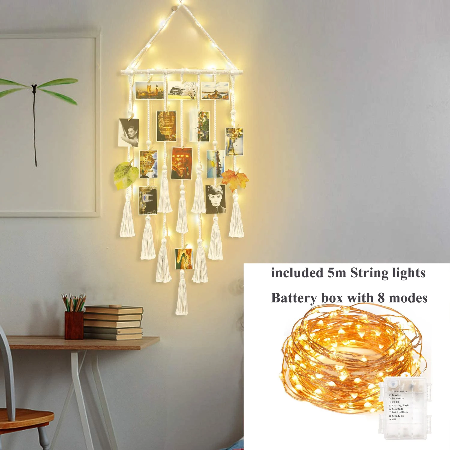 

Macrame Photo Hanging Picture Organizer Boho Home Decor Photo Display Holder Set with 20 Wood Clips for Wall Decoration