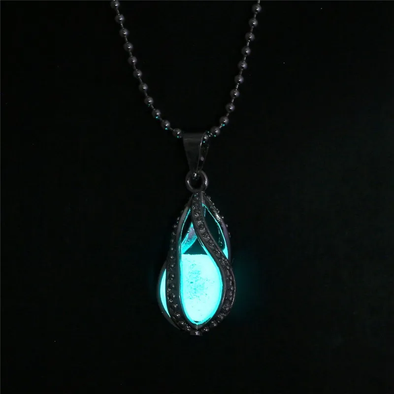 Steampunk Glow In The Dark Necklace Silver Color with Luminous Stone Locket Pendant Long Bead Chain Mermaid Necklace Jewelry