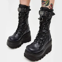 womens boots platform martin boots punk lace up wedges ladies shoes zipper belt buckle black gothic mid calf boots women shoes