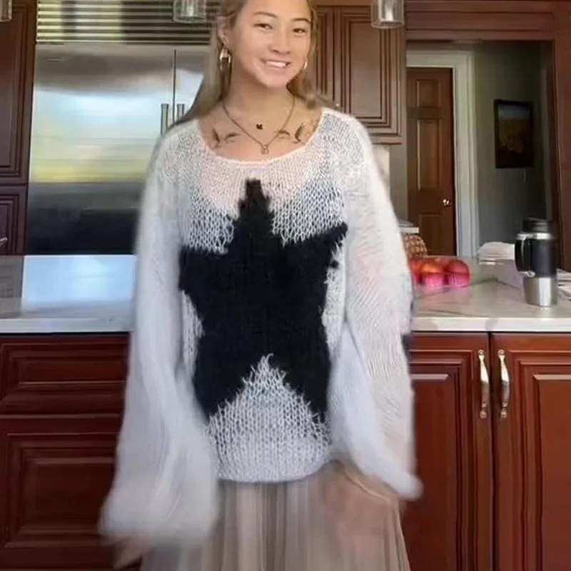 

Women Star Pattern Long Sleeve O Neck Casual Hollow Knitted Pullover Top Fashion Oversized Sweater Spring Autumn Y2k Streetwear