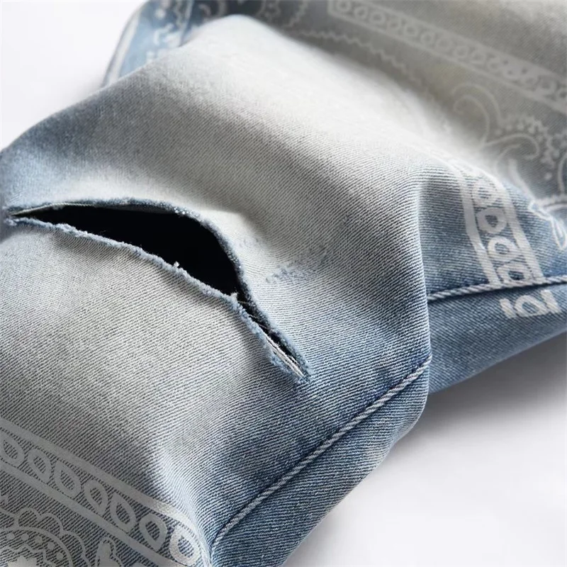 EH·MD® Men's Jeans Embroidered With Autumn Leaves Falling National Style Carving Pure Cotton Stretch Slim Pants Pleated Wearable