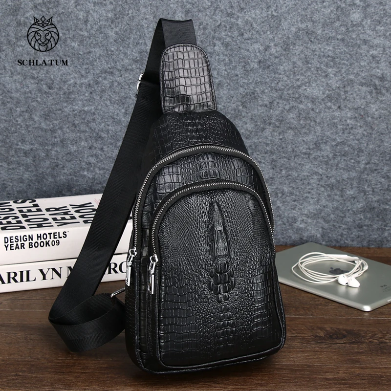 SCHLATUM 100% Genuine Leather Sport Casual Crossbody Bag  for Men Men's Chest Bag Black Crocodile Pattern Shoulder Bag