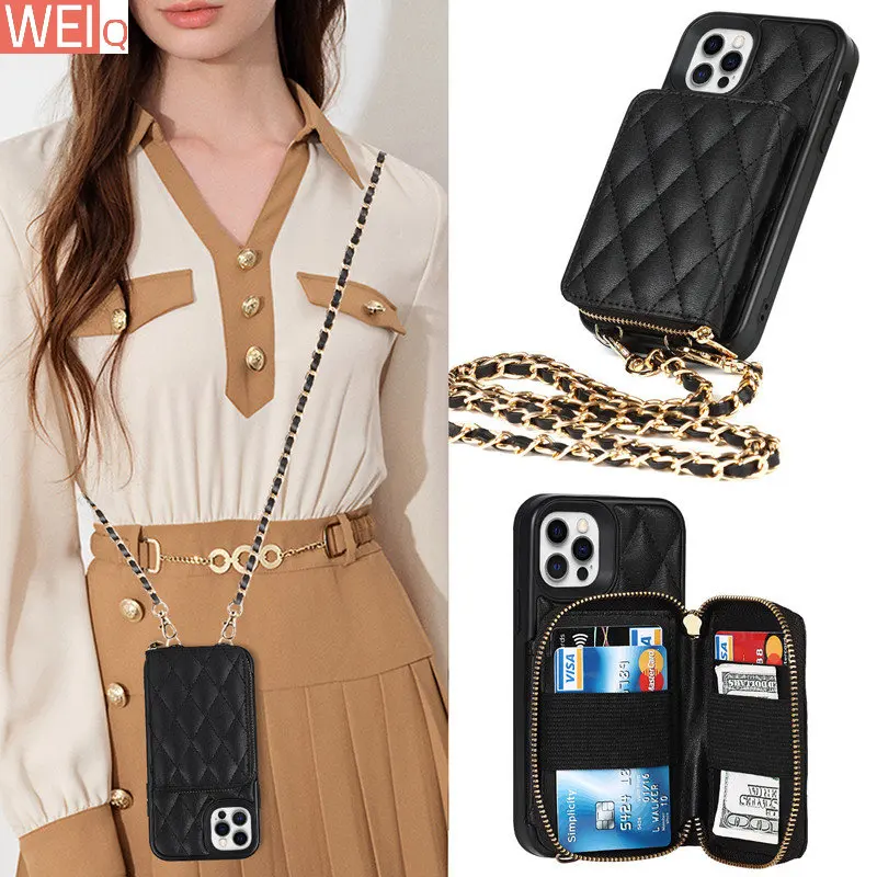 

Luxury Grid Wallet Shoulder Chain Phone Case For IPhone 12 Mini 11 Pro XS Max XR X 7 8 Plus SE 2020 Cover PU Leather Split Card
