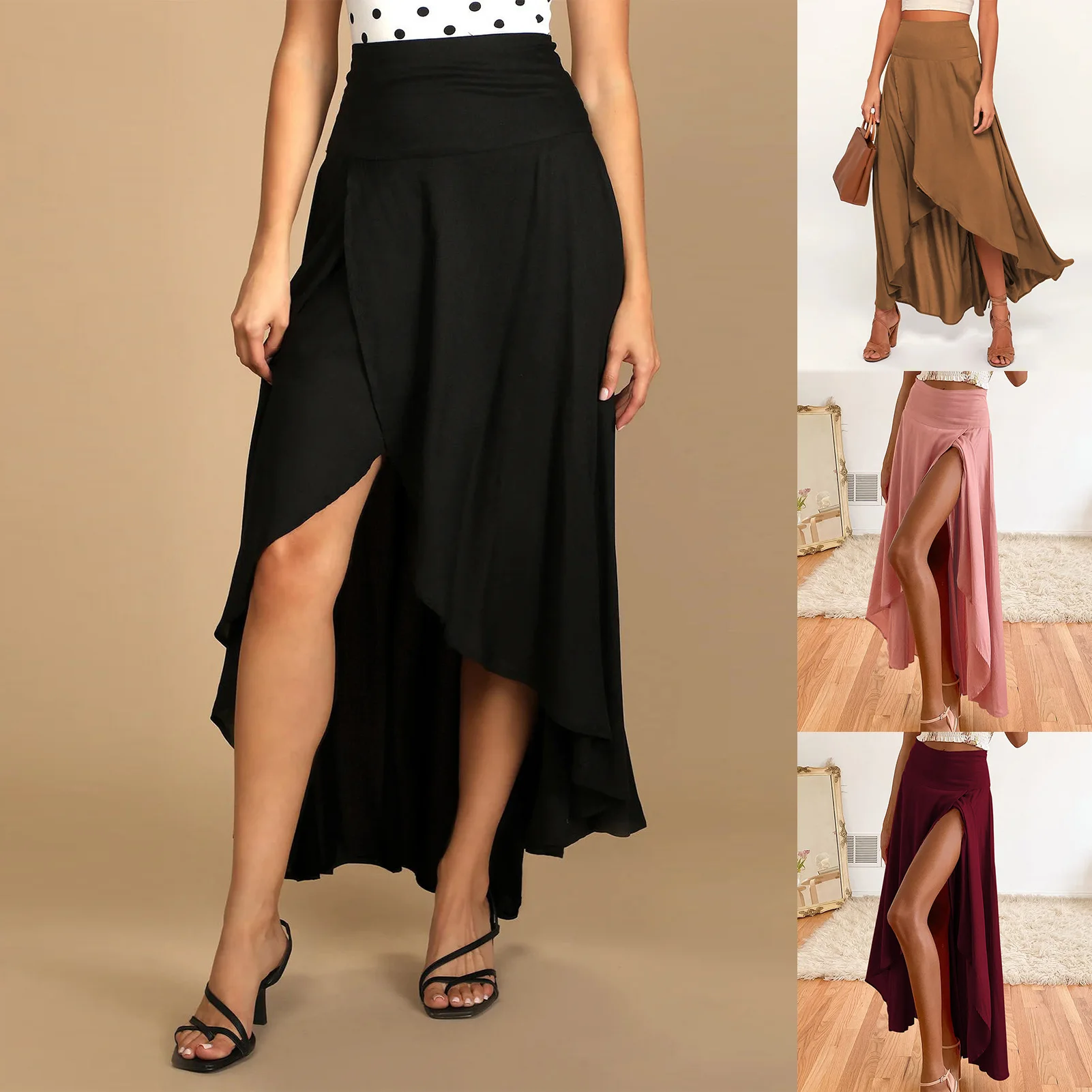 

Women High Waisted Long Length Skirts Elegant A-line Solid Color Skirts Split Hem Asymmetrical Casual Elastic Streetwear Suit