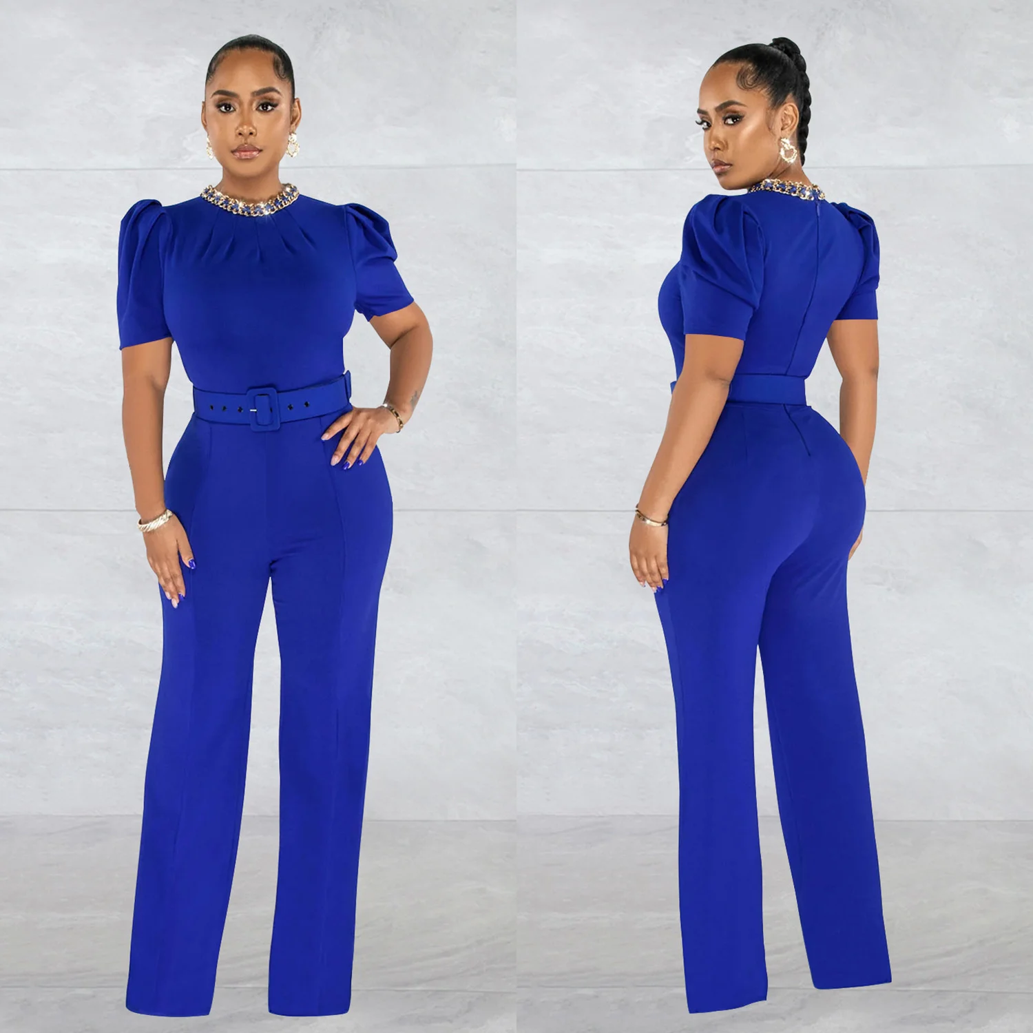 Fashion Women's Solid Color Belt Chain Short Sleeve Trousers Jumpsuit Online Trend Temperament Women's Clothing